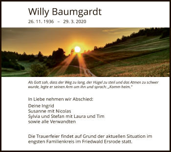 Traueranzeige von Willy Baumgardt von Hersfeld