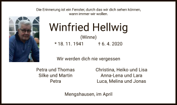 Traueranzeige von Winfried Hellwig von Hersfelder Zeitung