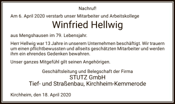 Traueranzeige von Winfried Hellwig von Hersfelder Zeitung