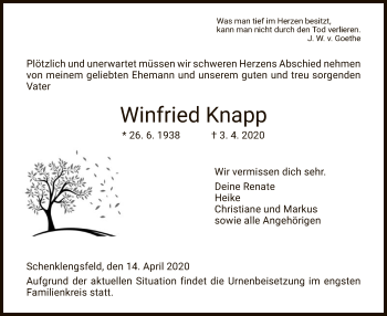 Traueranzeige von Winfried Knapp von HZ