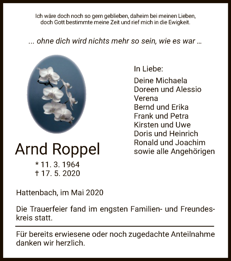  Traueranzeige für Arnd Roppel vom 30.05.2020 aus HZ