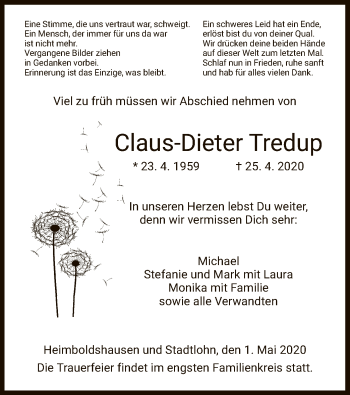 Traueranzeige von Claus-Dieter Tredup von HZ