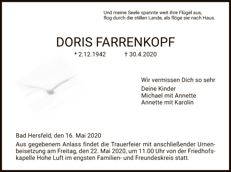  Traueranzeige für Doris Farrenkopf vom 16.05.2020 aus HZ
