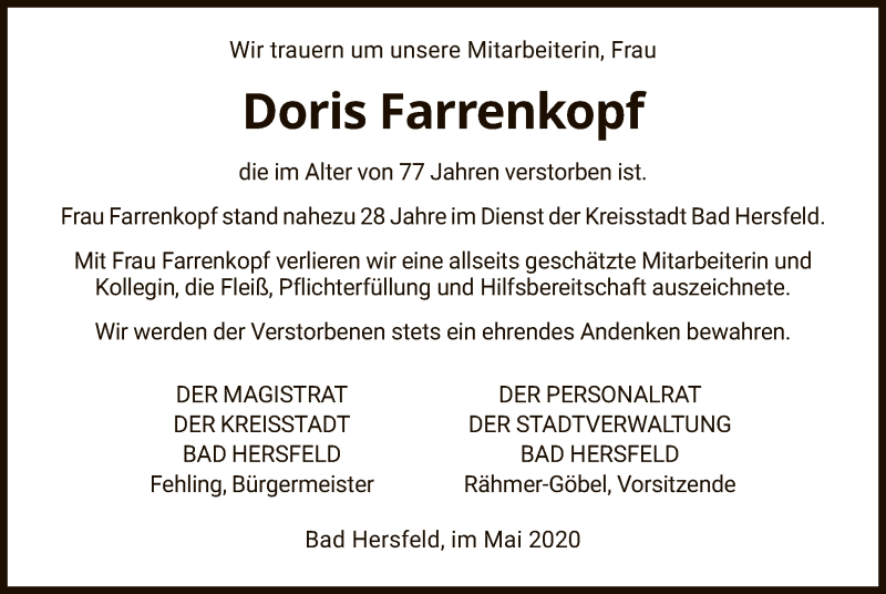  Traueranzeige für Doris Farrenkopf vom 19.05.2020 aus HZ
