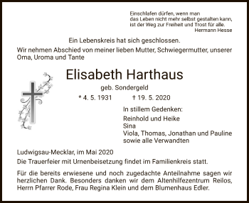 Traueranzeige von Elisabeth Harthaus von HZ