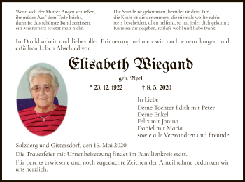 Traueranzeige von Elisabeth Wiegand von HZ