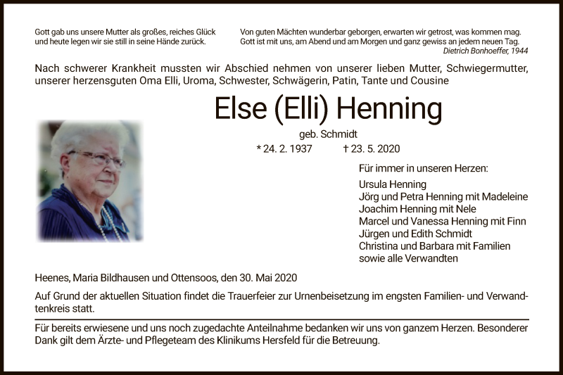  Traueranzeige für Else Henning vom 30.05.2020 aus HZ