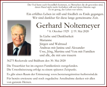 Traueranzeige von Gerhard Noltemeyer von HZ