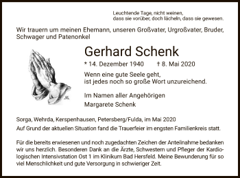 Traueranzeige von Gerhard Schenk von HZ