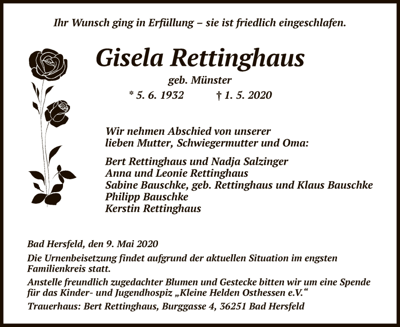  Traueranzeige für Gisela Rettinghaus vom 09.05.2020 aus HZ