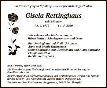 Traueranzeige von Gisela Rettinghaus von HZ