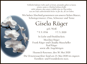Traueranzeige von Gisela Rüger von HZ