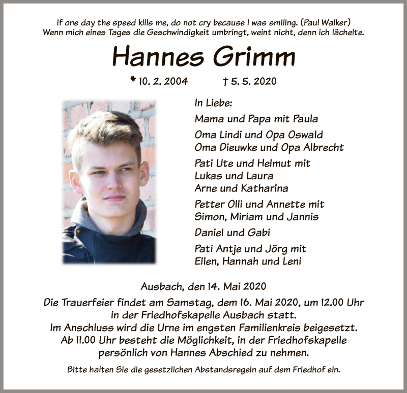 Traueranzeige für Hannes Grimm vom 14.05.2020 aus HZ