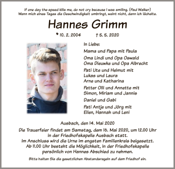 Traueranzeige von Hannes Grimm von HZ