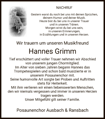 Traueranzeige von Hannes Grimm von HZ