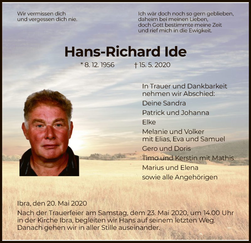  Traueranzeige für Hans-Richard Ide vom 20.05.2020 aus HZ