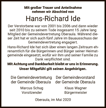 Traueranzeige von Hans-Richard Ide von HZ