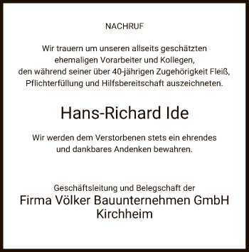 Traueranzeige von Hans-Richard Ide von HZ