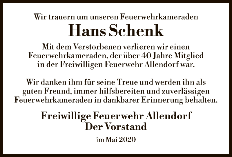  Traueranzeige für Hans Schenk vom 14.05.2020 aus HZ