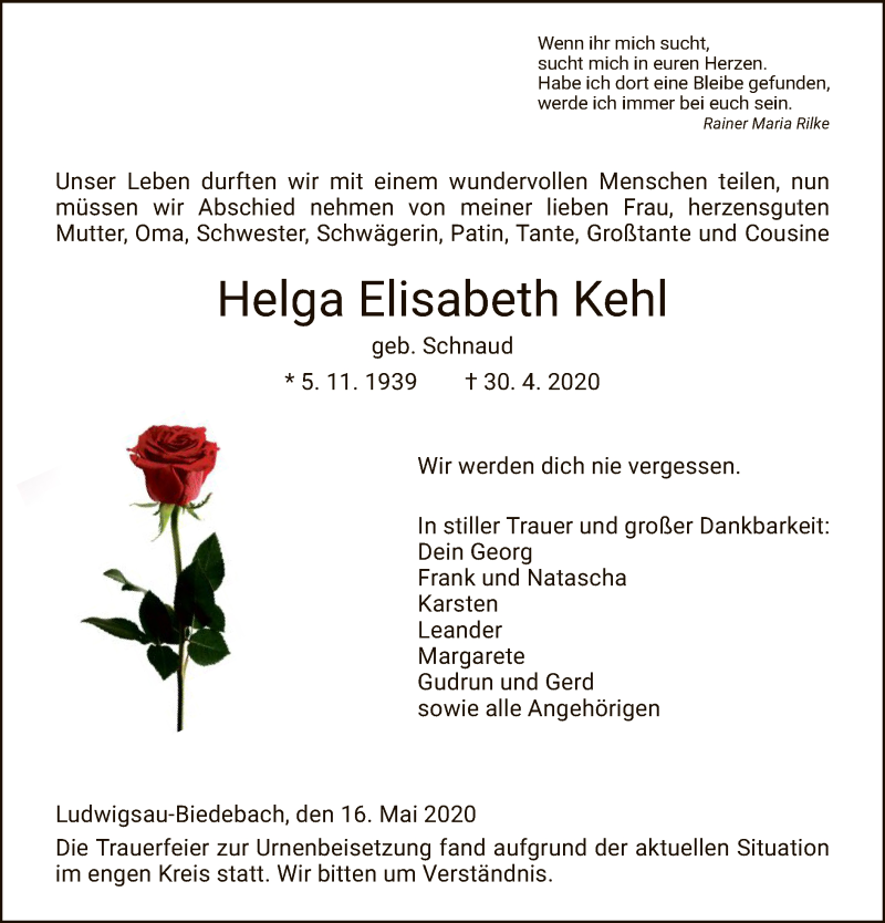 Traueranzeige für Helga Elisabeth Kehl vom 16.05.2020 aus HZ
