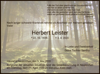 Traueranzeige von Herbert Leister von HZ