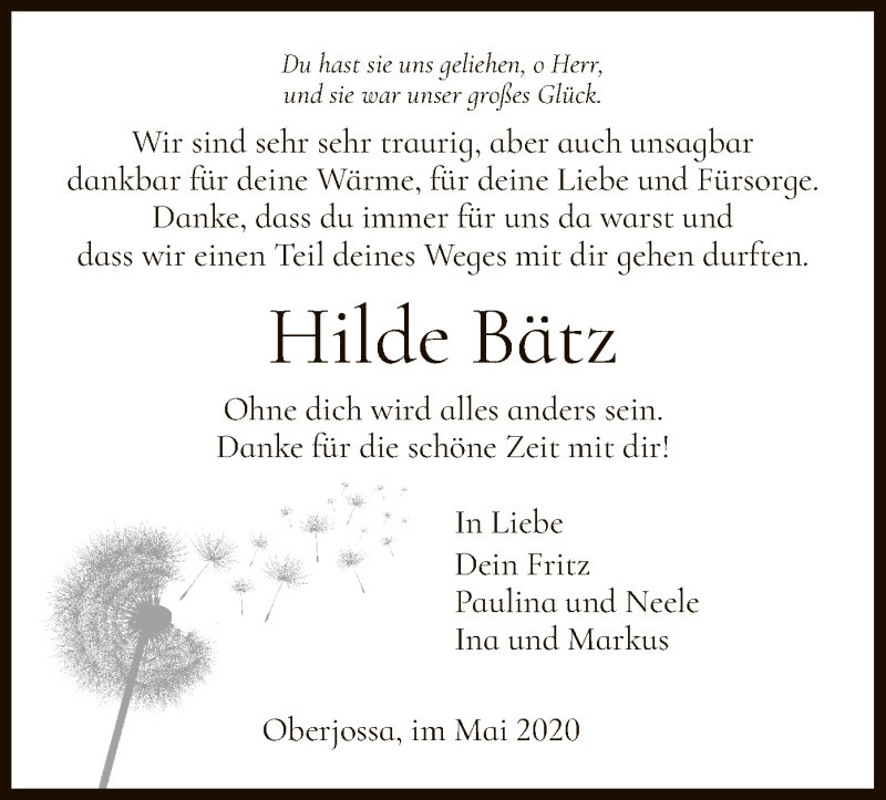  Traueranzeige für Hilde Bätz vom 30.05.2020 aus HZ