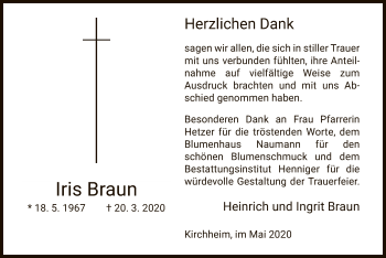 Traueranzeige von Iris Braun von HZ