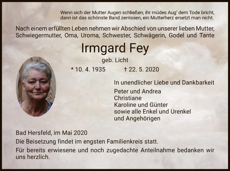  Traueranzeige für Irmgard Fey vom 30.05.2020 aus HZ