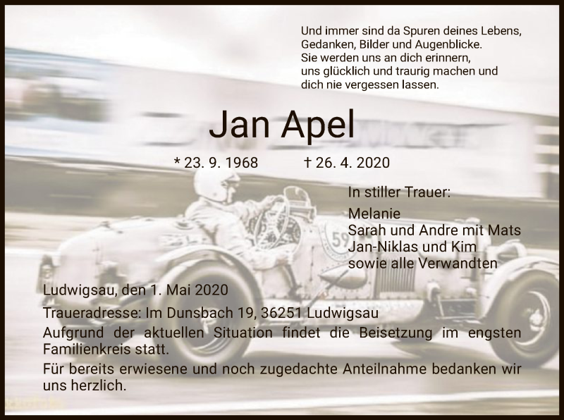  Traueranzeige für Jan Apel vom 01.05.2020 aus HZ