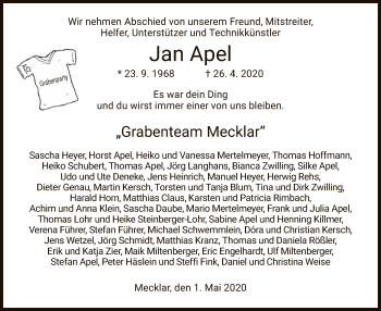 Traueranzeige von Jan Apel von HZ