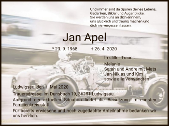 Traueranzeige von Jan Apel von HZ