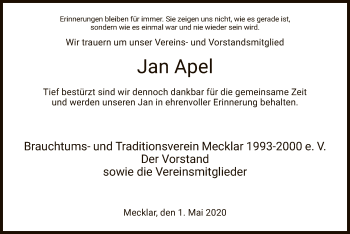 Traueranzeige von Jan Apel von HZ