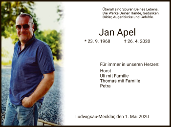 Traueranzeige von Jan Apel von HZ