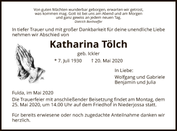 Traueranzeige von Katharina Tölch von HZ