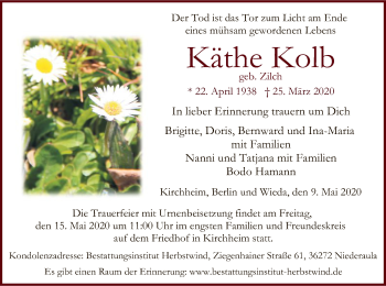 Traueranzeige von Käthe Kolb von HZ