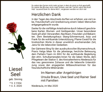 Traueranzeige von Liesel Seel von HZ