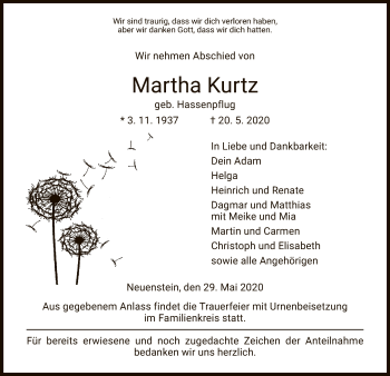 Traueranzeige von Martha Kurtz von HZ