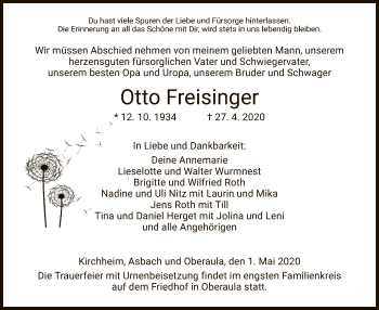 Traueranzeige von Otto Freisinger von HZ