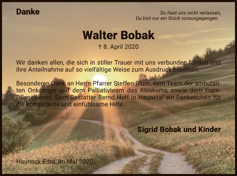  Traueranzeige für Walter Bobak vom 16.05.2020 aus HZ