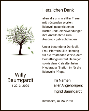 Traueranzeige von Willy Baumgardt von HZ