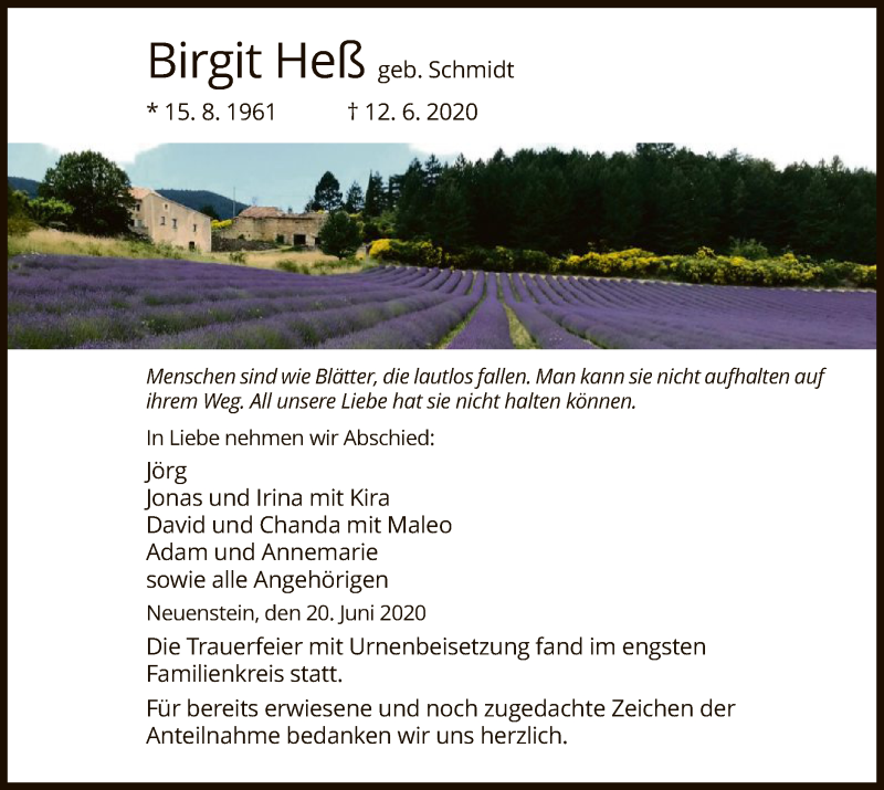  Traueranzeige für Birgit Heß vom 20.06.2020 aus HZ