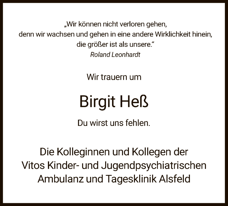  Traueranzeige für Birgit Heß vom 27.06.2020 aus HZ