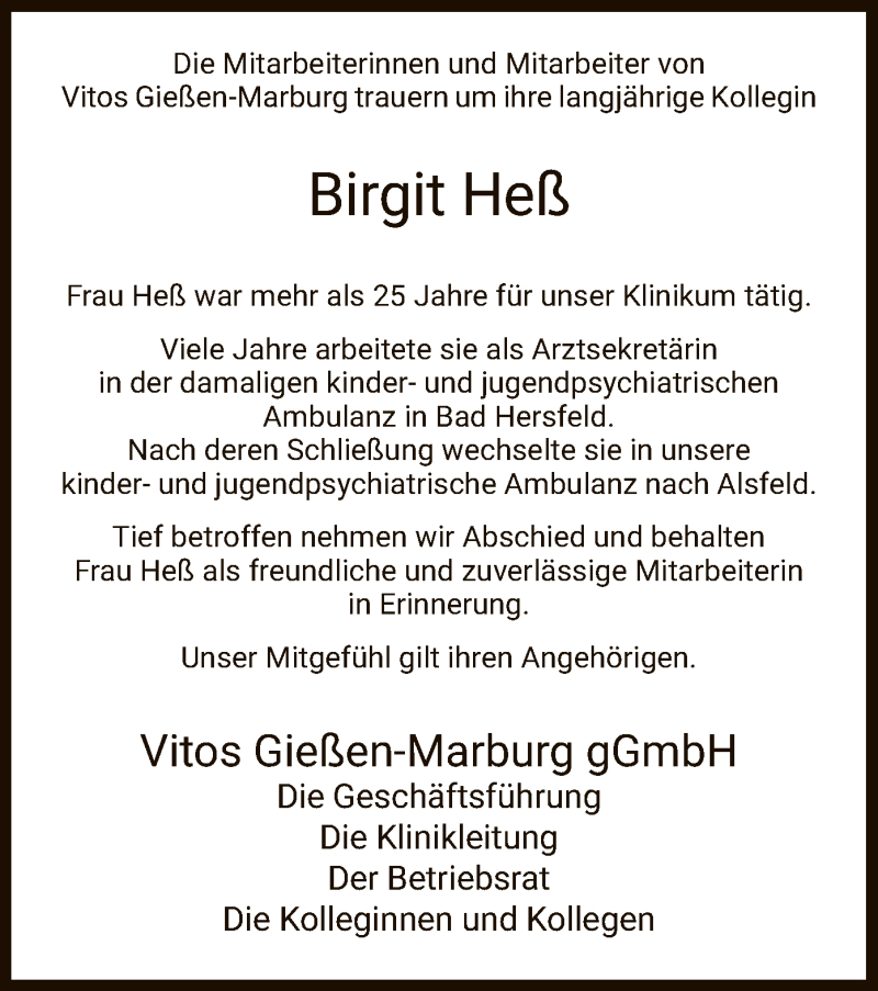  Traueranzeige für Birgit Heß vom 27.06.2020 aus HZ