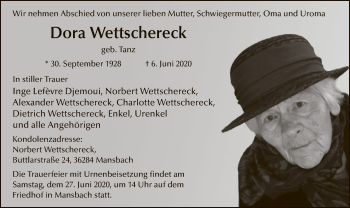 Traueranzeige von Dora Wettschereck von HZ