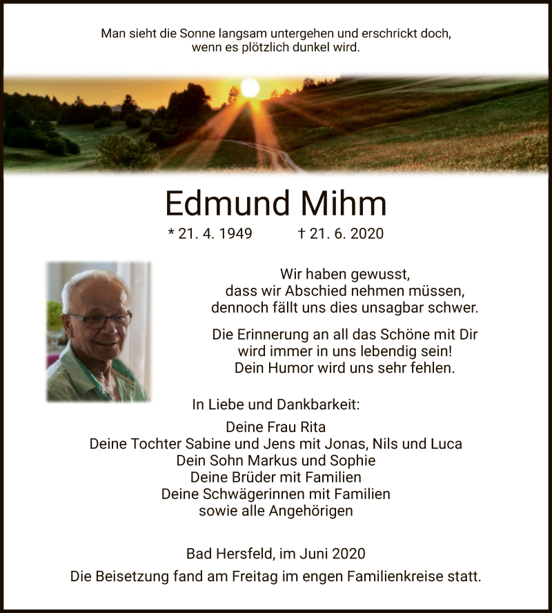  Traueranzeige für Edmund Mihm vom 27.06.2020 aus HZ