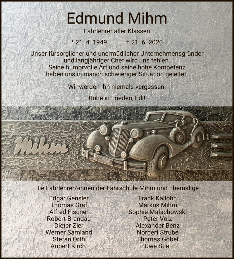  Traueranzeige für Edmund Mihm vom 27.06.2020 aus HZ