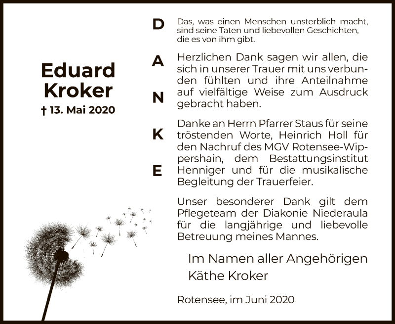  Traueranzeige für Eduard Kroker vom 20.06.2020 aus HZ
