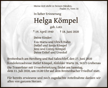 Traueranzeige von Helga Kömpel von HZ