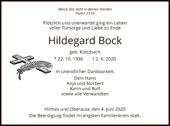 Traueranzeige von Hildegard Bock von HZ