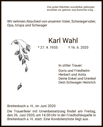 Traueranzeige von Karl Wahl von HZ